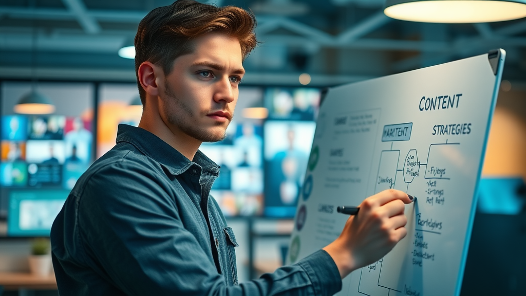 inspired young digital marketer planning content strategies for affiliate marketing in modern coworking space