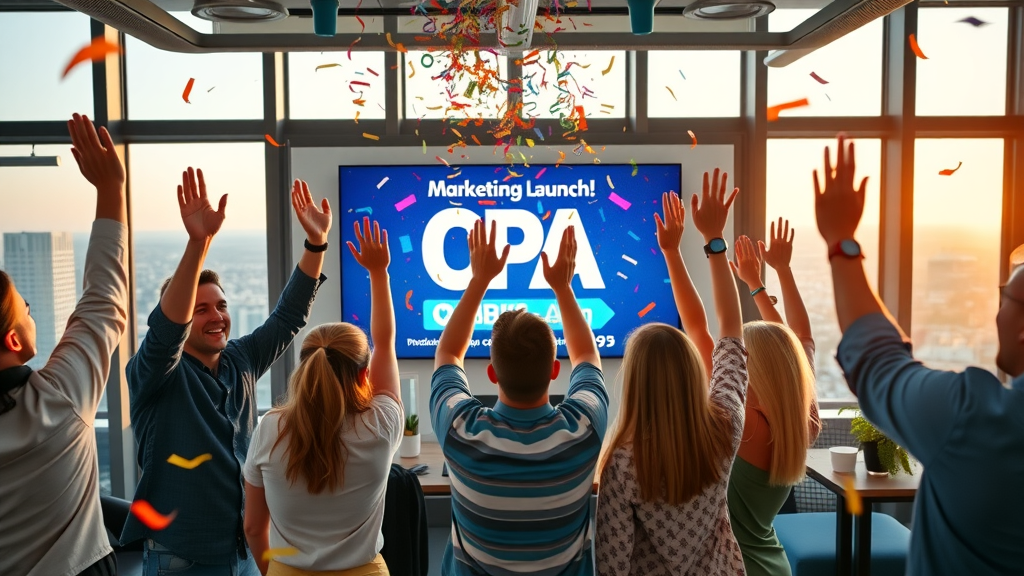 Enthusiastic marketing team celebrating campaign launch success with cost per acquisition graphics on large display