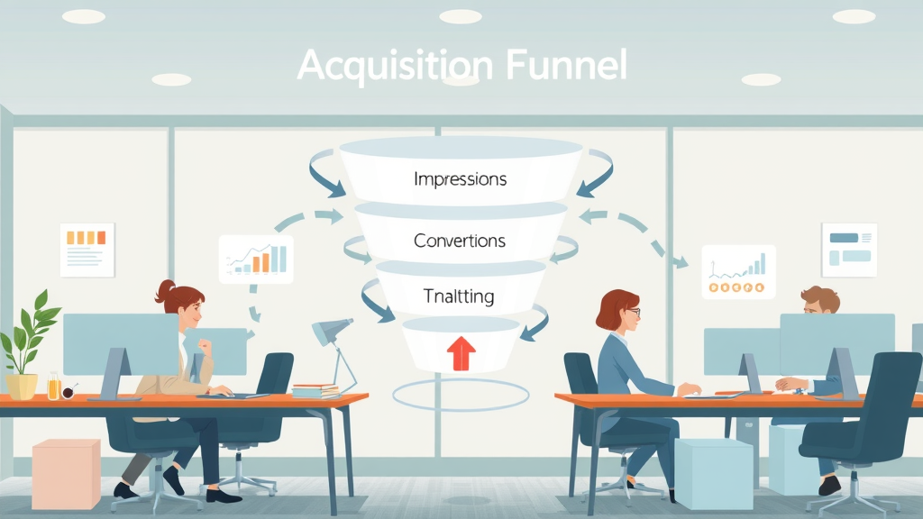 Infographic showing acquisition funnel stages and cost per acquisition model analytics in digital marketing