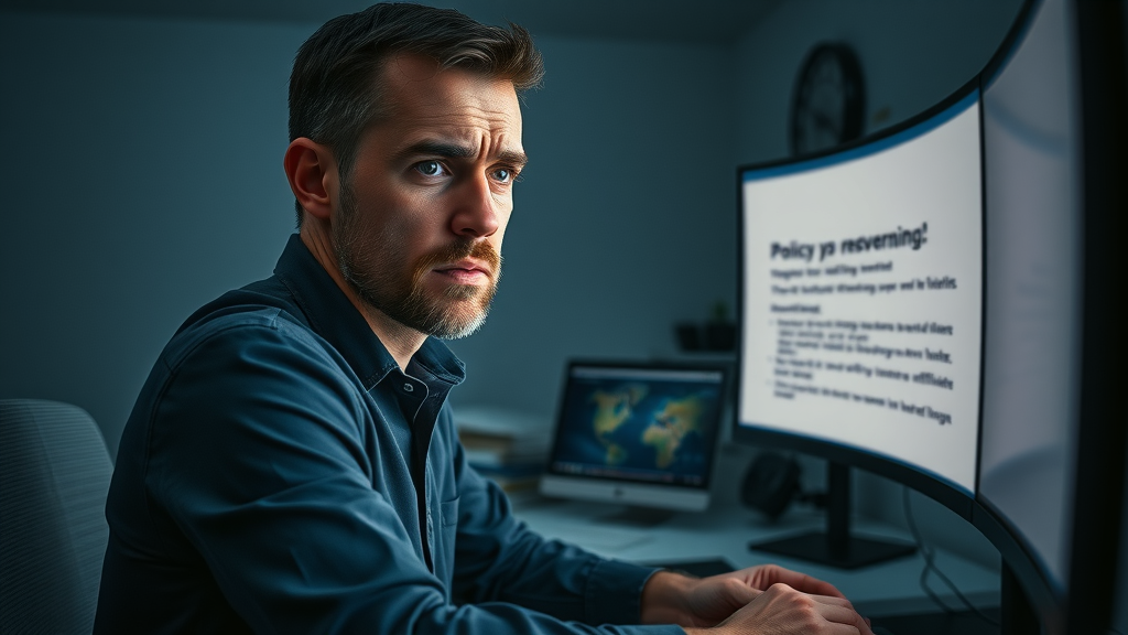 Worried affiliate marketer reviewing policy warnings on a glowing computer screen, representing affiliate program challenges and pitfalls