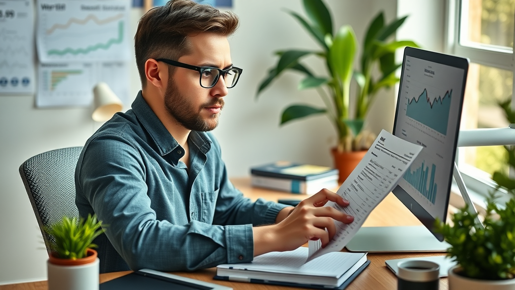 Modern blogger at a desk analyzing SEO data, focused on optimizing Amazon affiliate content for search engines, with analytic charts and green-toned lighting