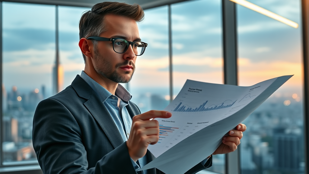 Visionary entrepreneur planning future growth of affiliate marketing business with data-driven roadmap and city skyline