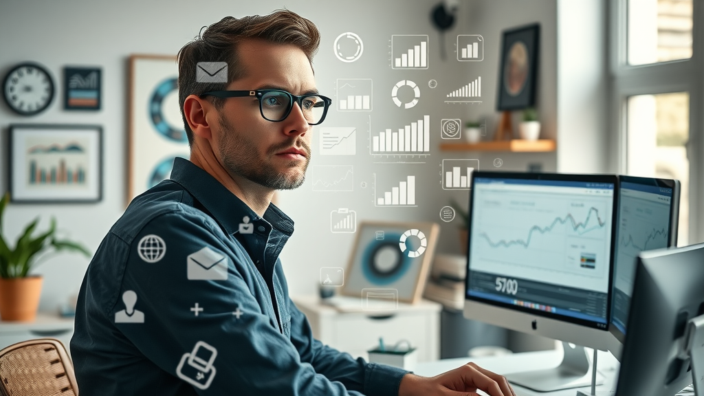 Collage of digital marketing icons and thoughtful marketer analyzing affiliate marketing strategies in a modern home office