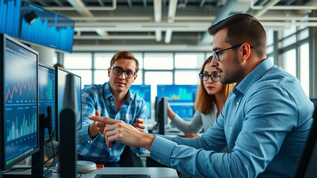 dynamic affiliate marketers analyzing traffic spikes on digital charts, focused expressions, collaborating and pointing at monitors. Driving affiliate traffic in a busy office.