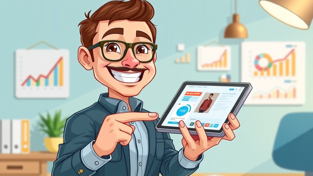 confident digital marketer promoting affiliate marketing program, analytics icons, affiliate links