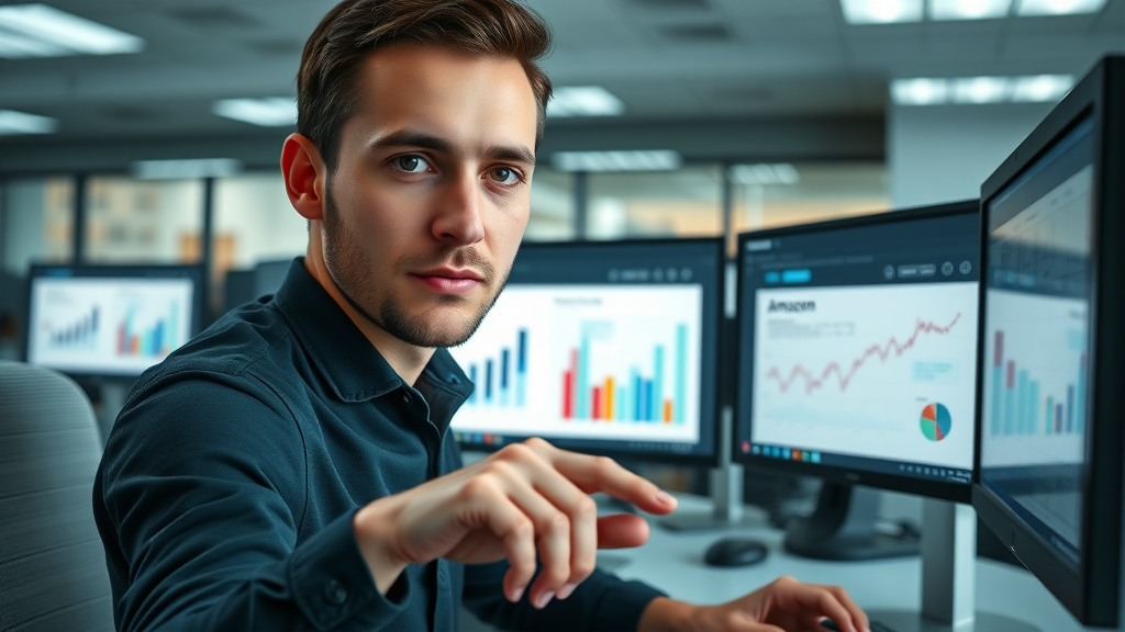 Amazon affiliate dashboard showing analytics charts in a modern office setting, user browsing data with natural hand motions, representing affiliate program performance tracking
