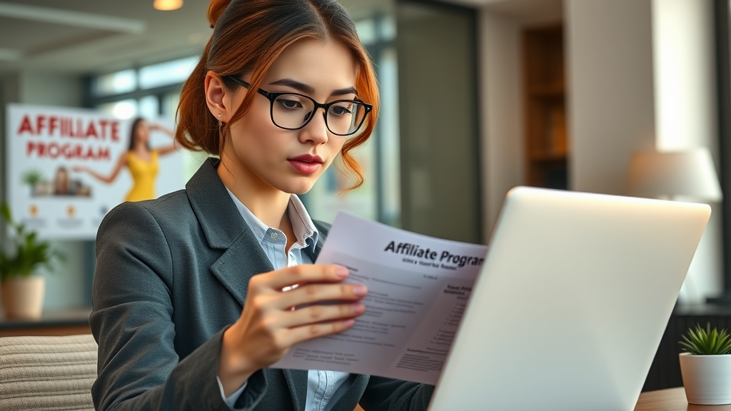 Professional affiliate marketer reviewing affiliate program details on laptop
