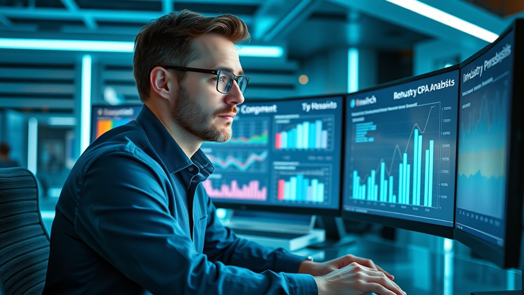Analyst comparing industry cost per acquisition benchmarks on modern digital screens in workspace