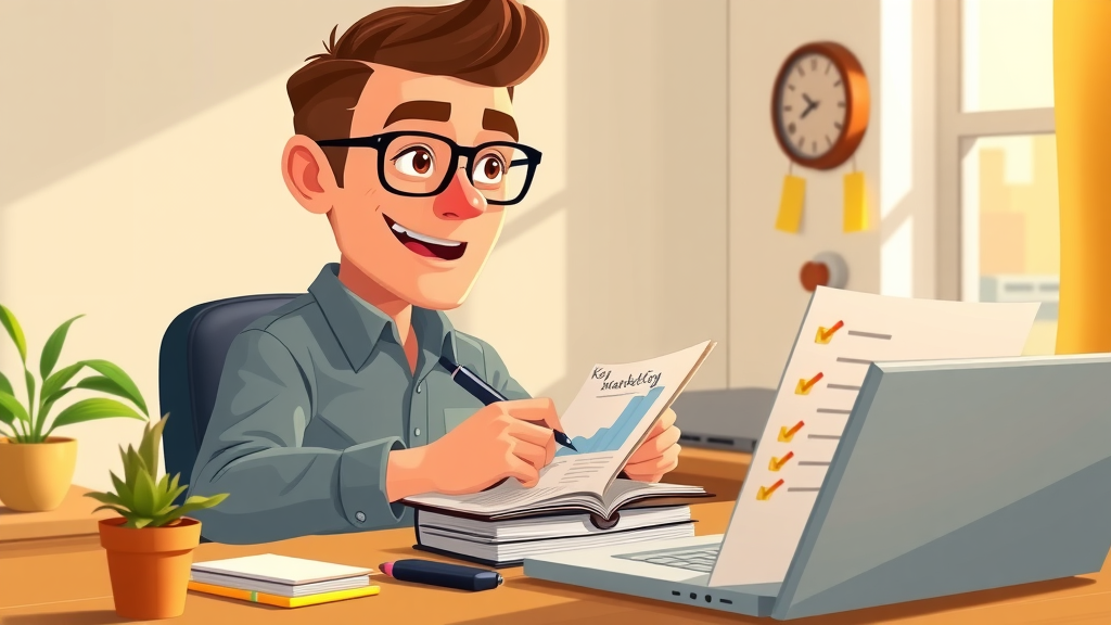 affiliate marketer writing key strategy notes on desk with animated checklist