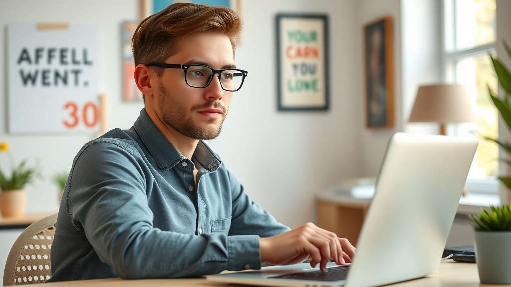 optimistic beginner affiliate marketer researching affiliate programs in bright home office - Start Affiliate Marketing No Audience