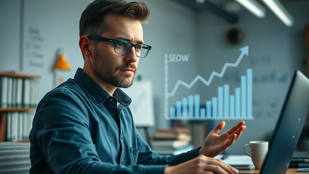 analytical affiliate marketer reviewing SEO analytics dashboard for affiliate products
