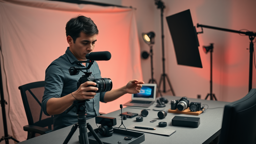 Content creator setting up camera and lights for product review to amplify affiliate marketing strategies