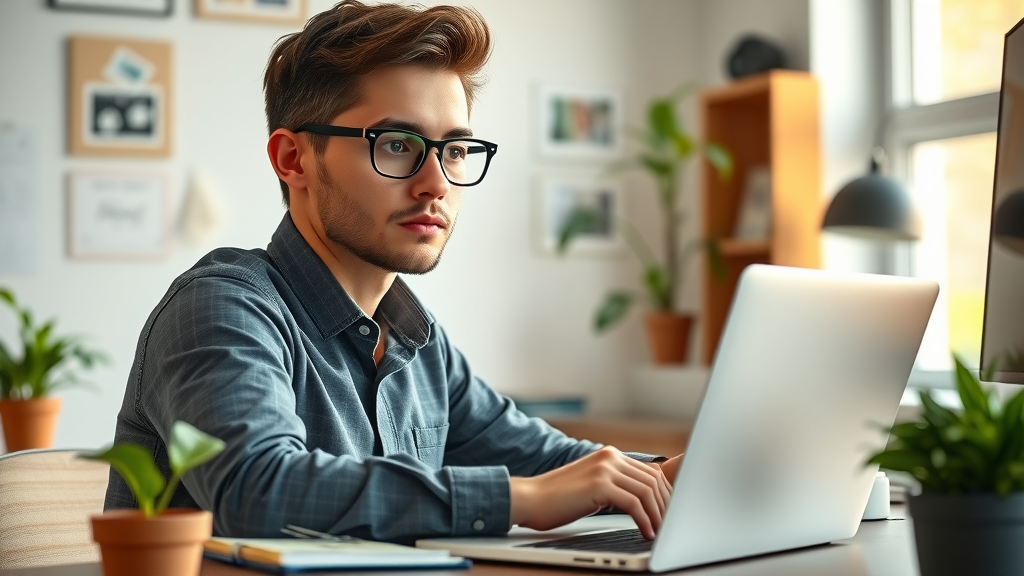 Focused young entrepreneur researching affiliate marketing tips for newbies in a modern home office workspace, with laptop, notebooks, and daylight