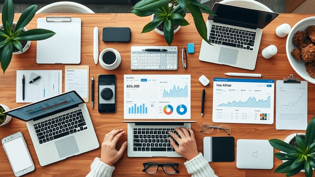 Top affiliate marketing tools and resources on workspace table for affiliate program management