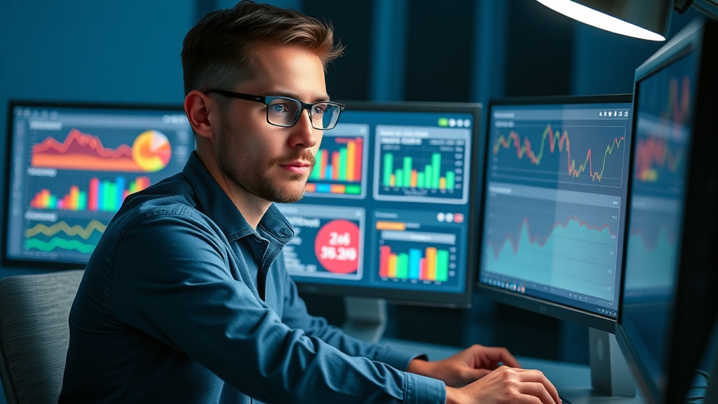 Affiliate marketing optimizer at workstation, adjusting paid traffic for affiliates performance stats in real-time with colorful charts.