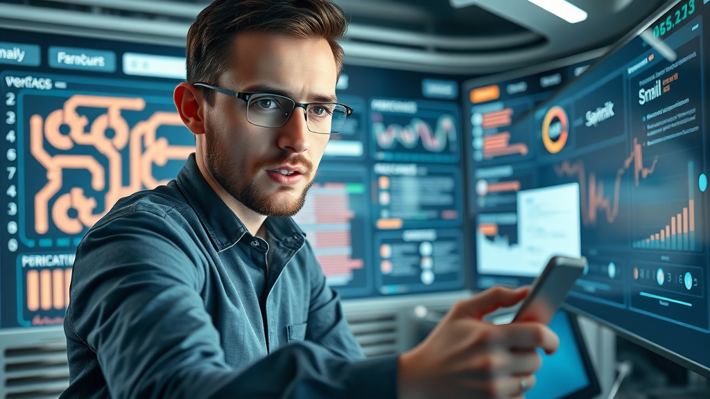 Enthusiastic marketing professional automating workflows in affiliate marketing affiliate campaigns, futuristic digital interface