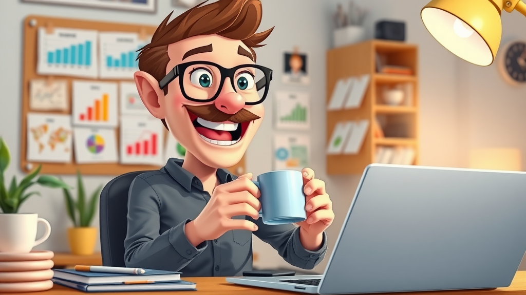 Blogger making money with affiliate marketing without a following, writing an affiliate product review, home office, content ideas corkboard, colorful charts