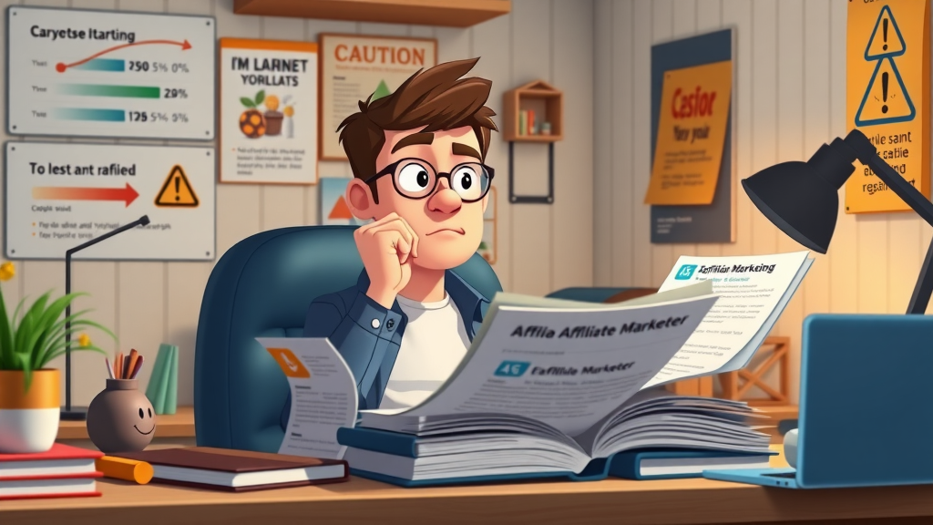 beginner affiliate marketer learning about pitfalls, cozy study nook, textbooks on affiliate marketing