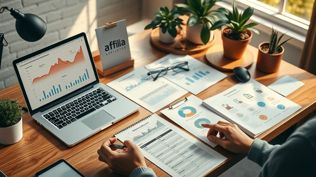 highly organized affiliate marketing toolkit: laptop, analytics charts, influencer outreach checklist for affiliate marketers driving affiliate traffic