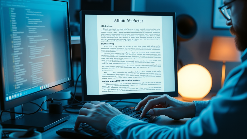 Affiliate marketer optimizing affiliate links in a detailed blog post draft at a home office