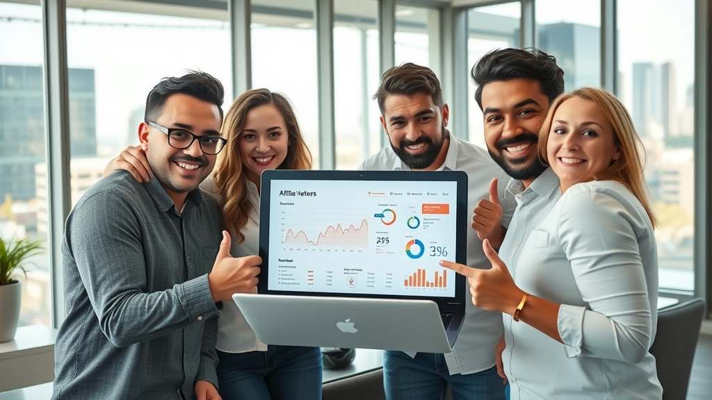 motivated team affiliate marketers collaborating laptop statistics dashboard bright coworking