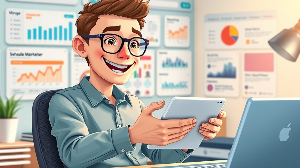 connected affiliate marketer scheduling blog posts and social media shares for affiliate content in a colorful digital workspace