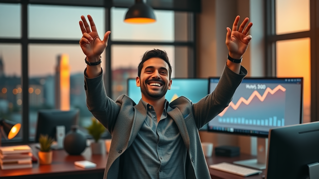 Successful affiliate marketer celebrating paid traffic campaign success, arms raised by revenue spike chart in a stylish dusk-lit office.