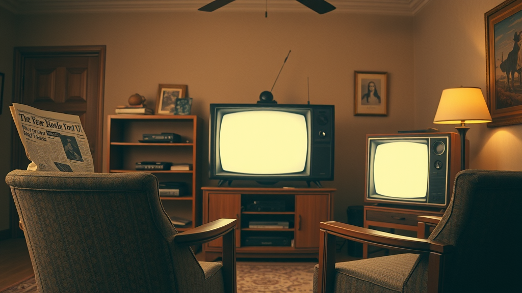Juxtaposition of traditional market advertising with empty chairs, TV, and newspaper