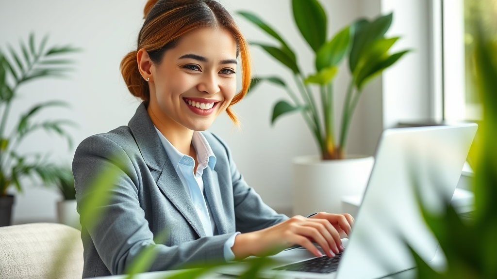 Optimistic businesswoman building a targeted email list for affiliate marketing affiliate campaigns, vibrant workspace, subscriber software on screen