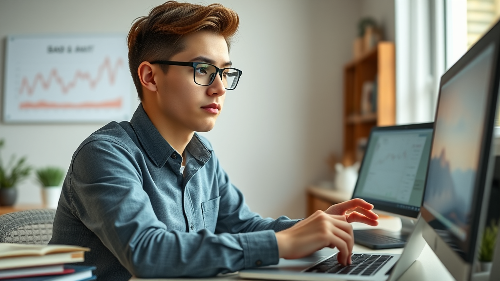 thoughtful young entrepreneur analyzing affiliate marketing vs mlm online income opportunities, modern office with laptop and financial books
