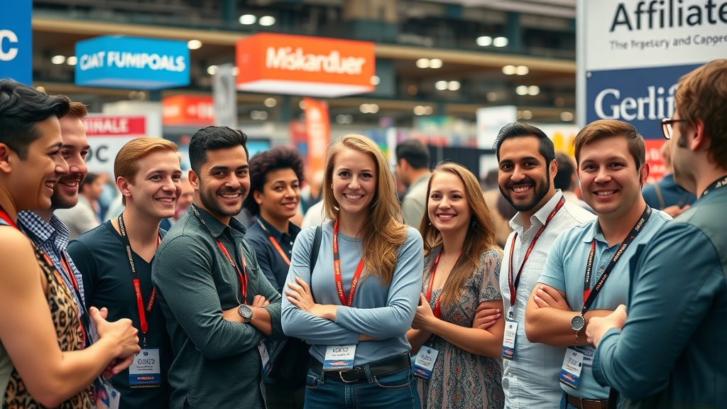 Diverse affiliate marketers representing multiple brands networking at industry expo for brand awareness