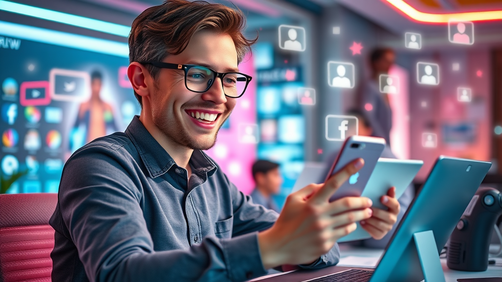 marketer engaging on social media platforms, building email list with digital notifications, affiliate marketing strategies