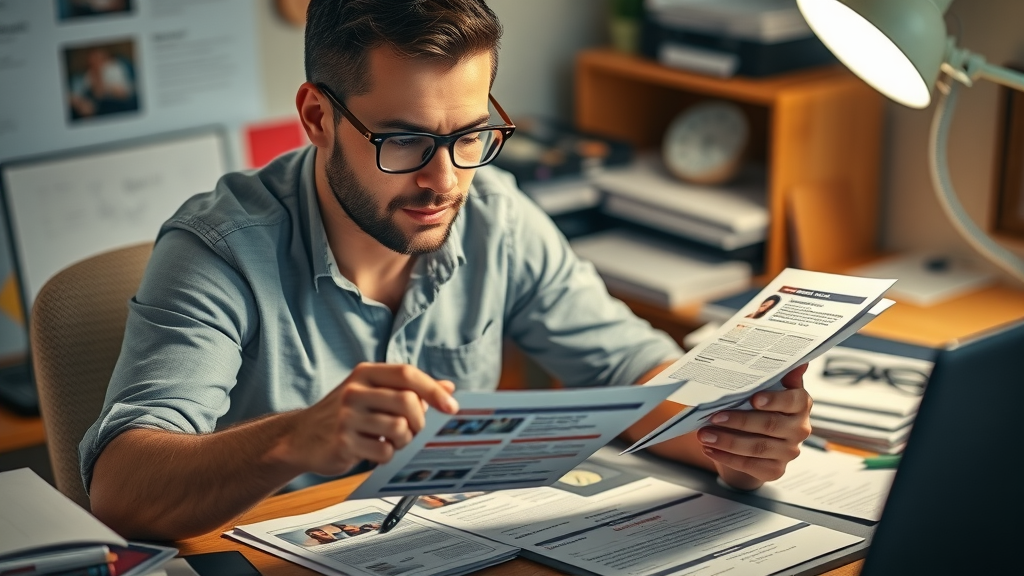 Marketer comparing direct mail flyers with digital marketing on a tablet