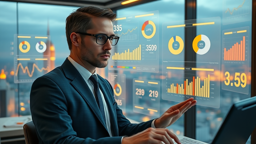 financial analyst reviewing affiliate commission rate strategies for 2025 with futuristic analytics