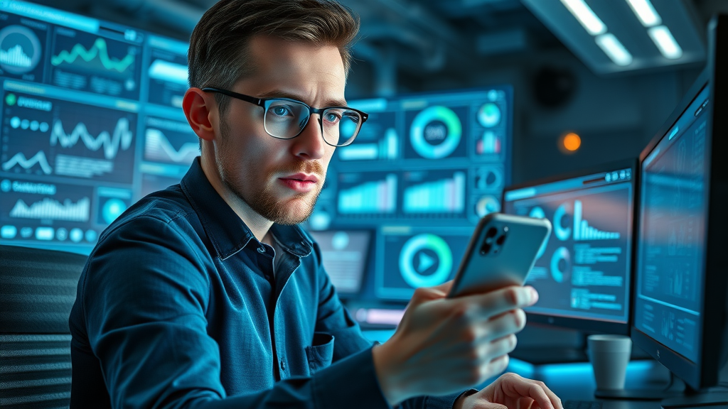 Smart marketer analyzing affiliate promotion performance on digital dashboards