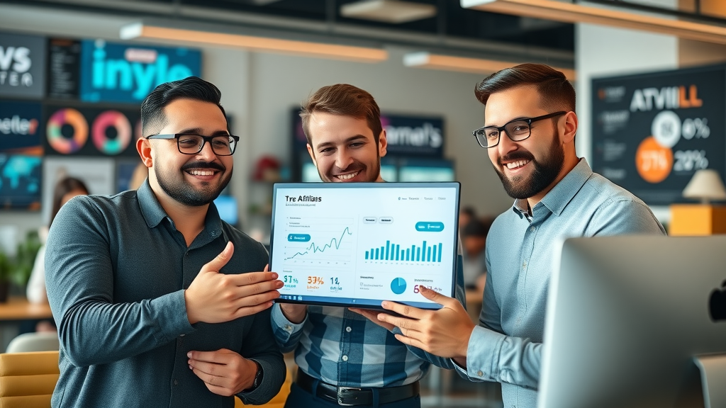 Confident digital marketers strategizing successful affiliate marketing campaign and reviewing conversion data
