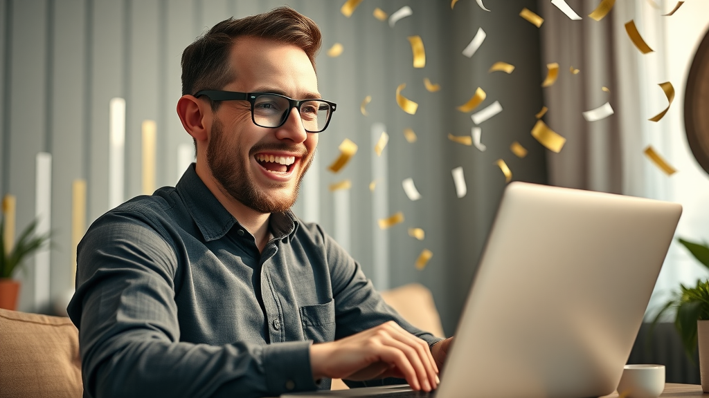 successful affiliate marketer celebrating digital sales milestone, income dashboard, confetti
