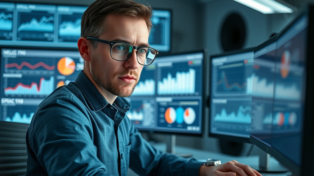 methodical analyst reviewing affiliate marketing A/B test results and analytics in a high-tech command center