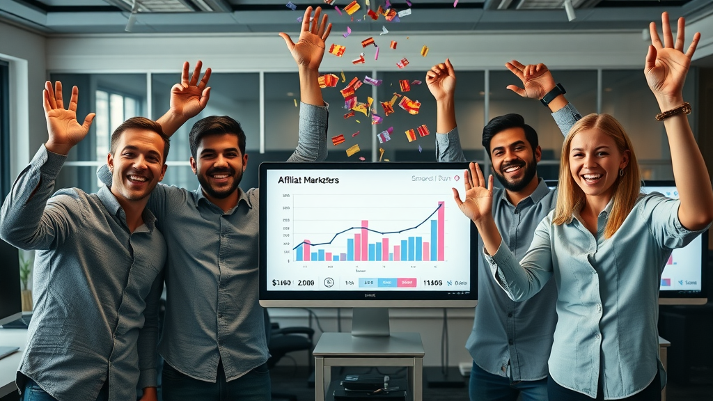 Team affiliate marketing online business celebrating dashboard success graphs