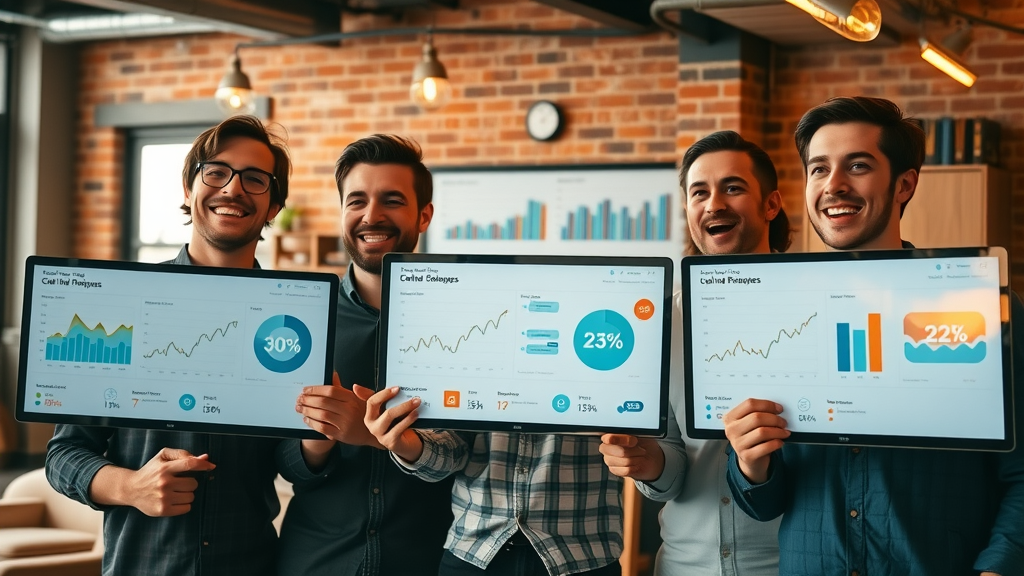 Startup founders celebrating sales and cost per acquisition improvements with digital dashboards