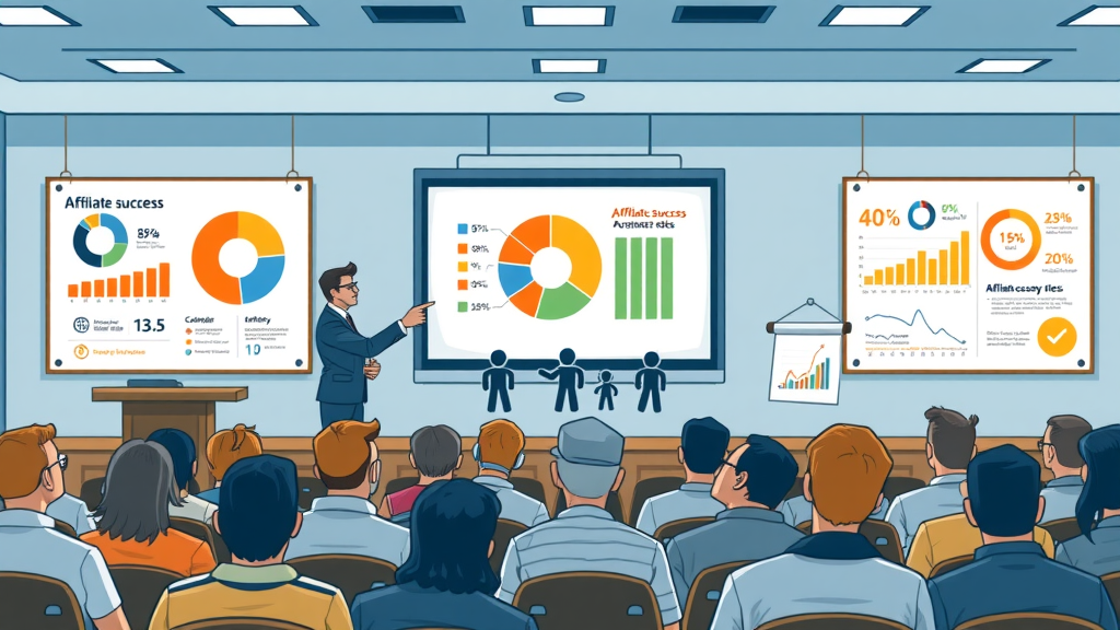 Infographic illustrating Amazon affiliate success rates, including pie chart and stick figures in a classroom with presenters and educational charts, focusing on affiliate program failure versus success rates