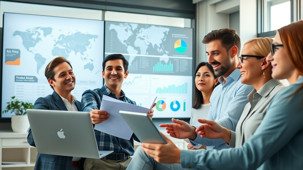 Dynamic global business team analyzing affiliate marketing growth statistics and digital data