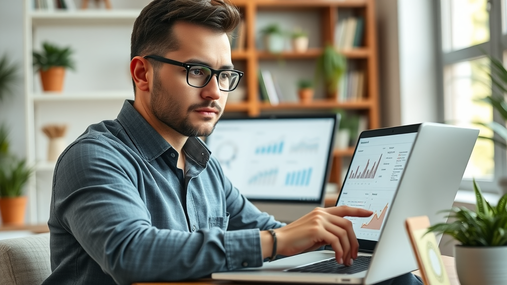 affiliate marketer researching affiliate program dashboards and charts for passive income