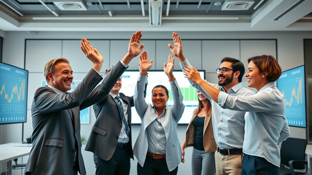 Success-focused team celebrating affiliate marketing results with charts and digital displays in modern office