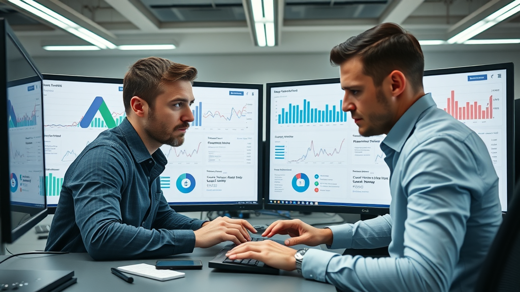 competitive digital marketers comparing Google Ads and Facebook Ads dashboards, analyzing paid traffic performance for affiliate offers.