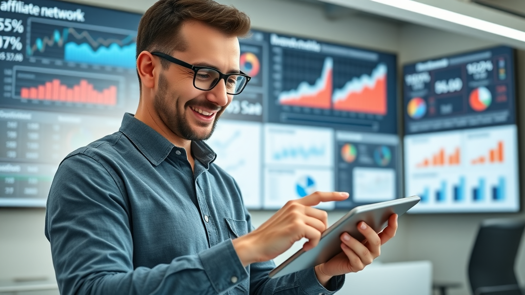 analytical affiliate marketer assessing affiliate program dashboards and metrics for marketing without social media
