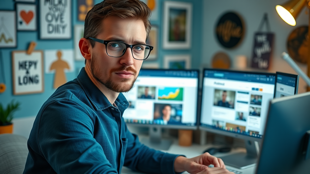 modern blogger setting up an affiliate marketing website for beginners, wordpress dashboard on monitors