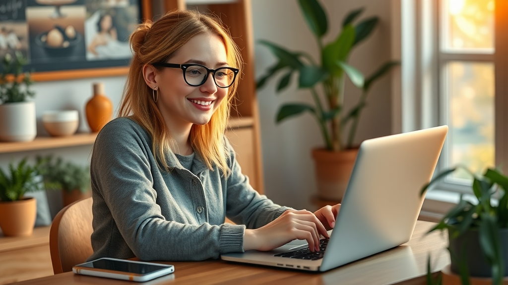 Creative affiliate blogger writing authentic product review content in a cozy, detailed home office with product samples