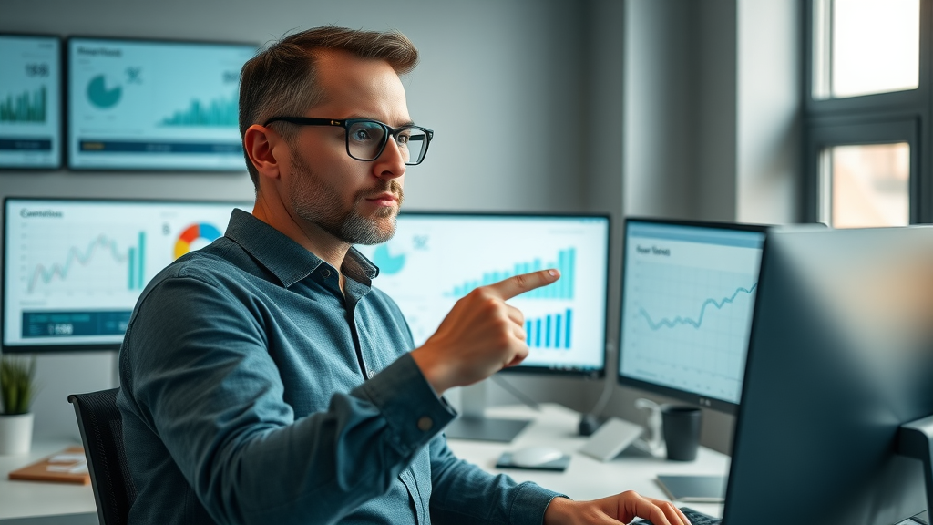 Professional analyzing affiliate marketing strategy data with conversion charts on digital screens