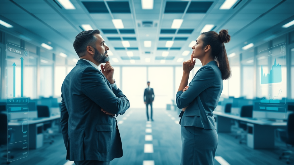 Two business professionals considering affiliate marketing vs. other digital models at crossroads, digital marketing concept